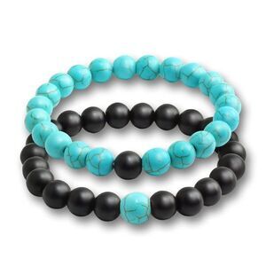 NWOT 2-pc Couples Distance 8mm Bead Stretch Bracelet Turquoise Black Agate